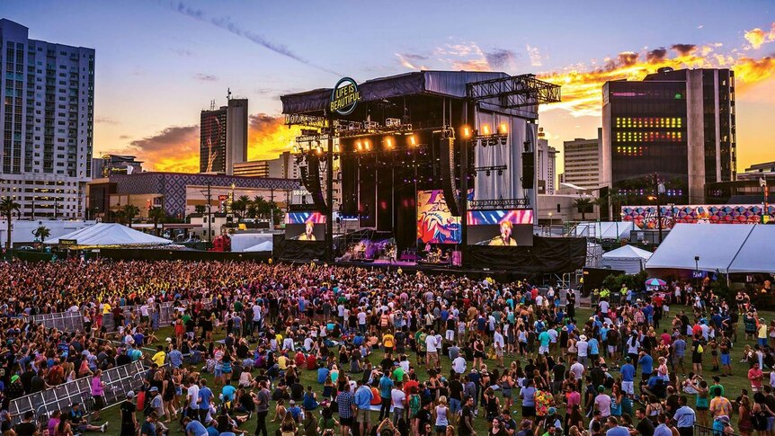 The Ogden Hotel is seen to the left of the Life is Beautiful Festival in Las Vegas.