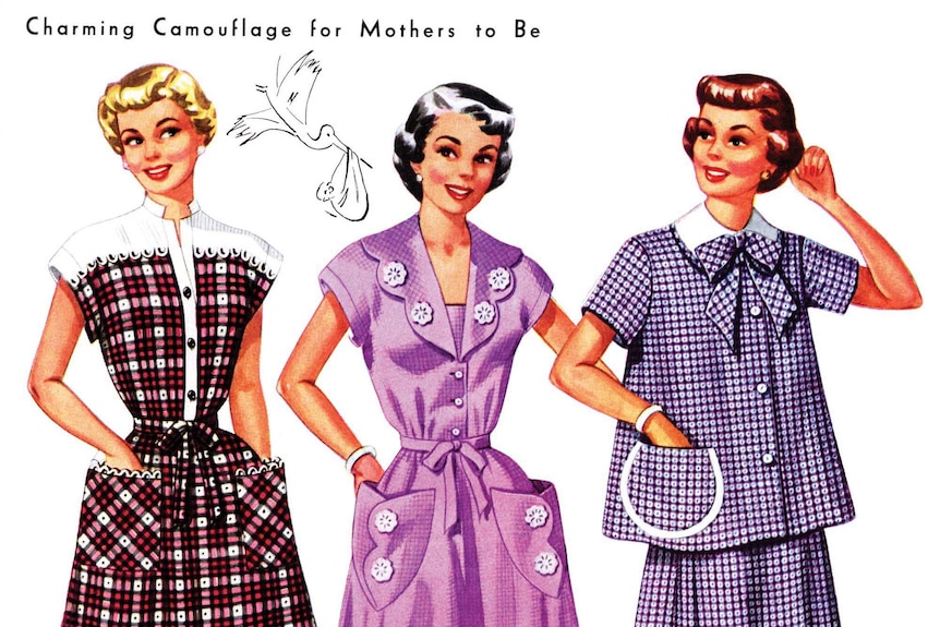 Three women drawn wearing pregnancy styled dresses, from a 1940s magazine