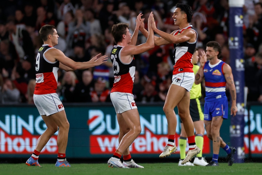 Mitch Owens celebrats a goal for St Kilda