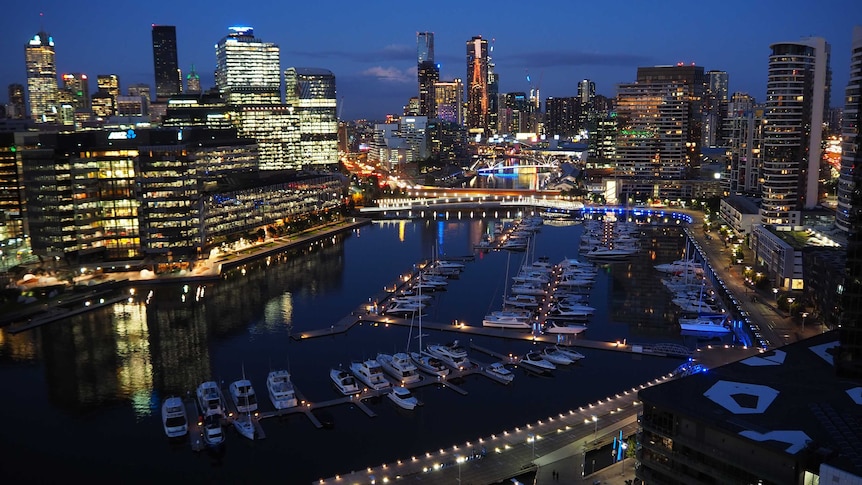 Melbourne CBD seen from Docklands at night