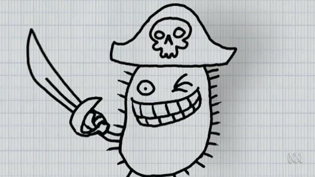 Graphic image of a cartoon pirate virus with a hat and a sword