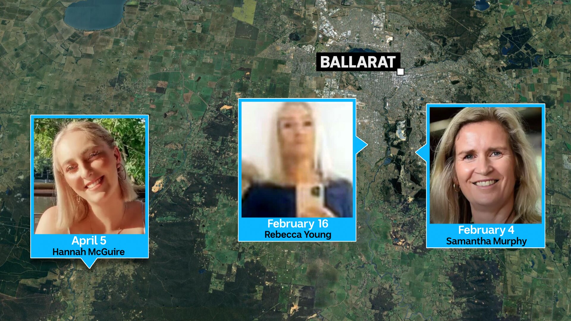 Map showing the death locations of three women including a photo of each woman.