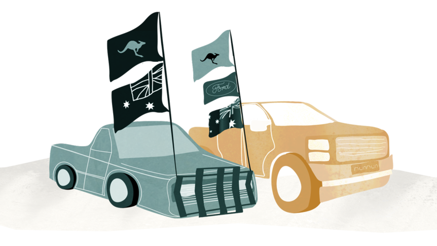 Illustration: Three cars including one flying flags