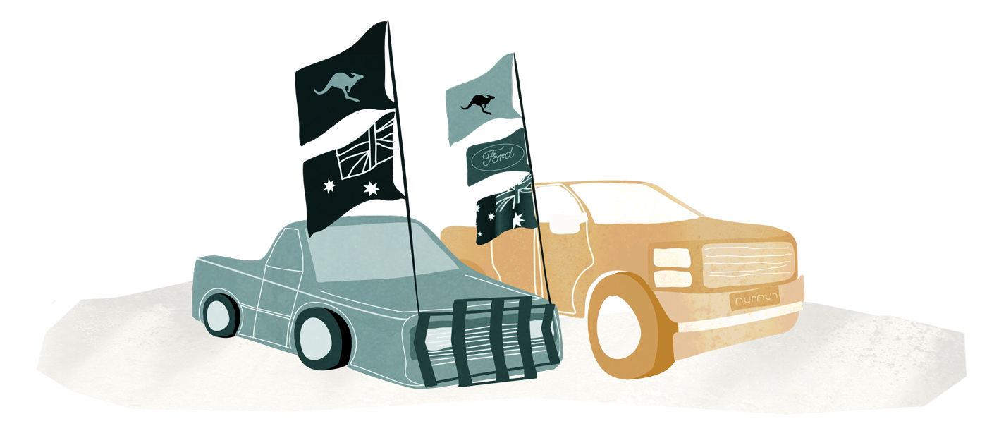 Illustration: Three cars including one flying flags