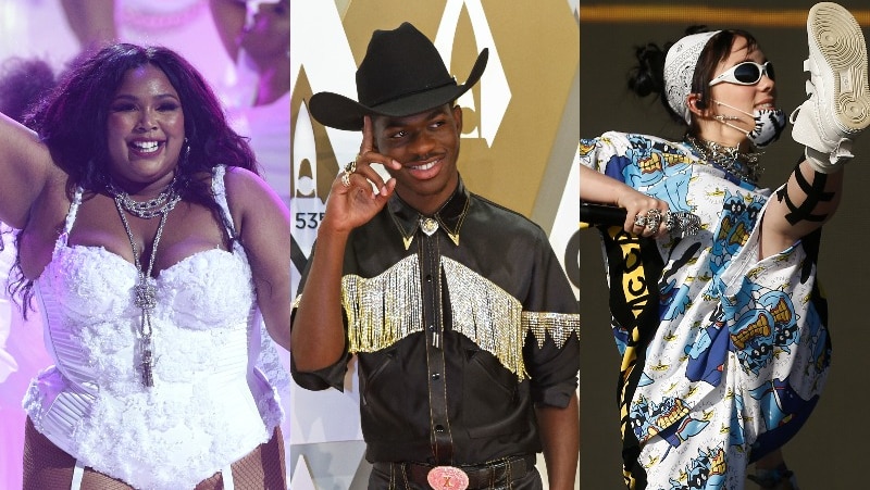 A composite image of pop stars Lizzo, Lil Nas and Billie Eilish performing on stage or walking the red carpet