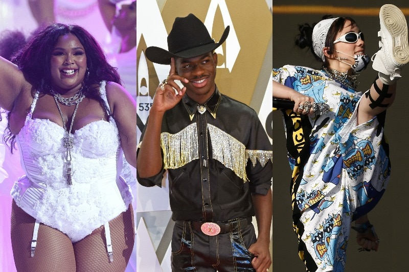 A composite image of pop stars Lizzo, Lil Nas and Billie Eilish performing on stage or walking the red carpet