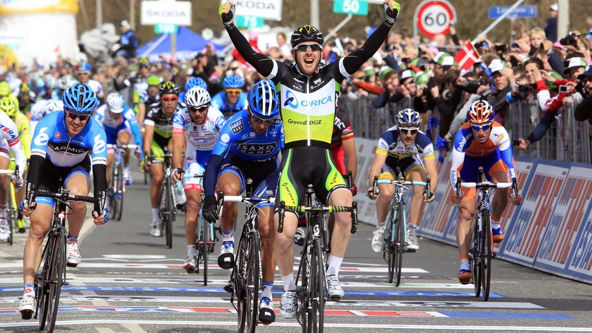 Giro glory ... Matt Goss celebrates his stage win in Denmark