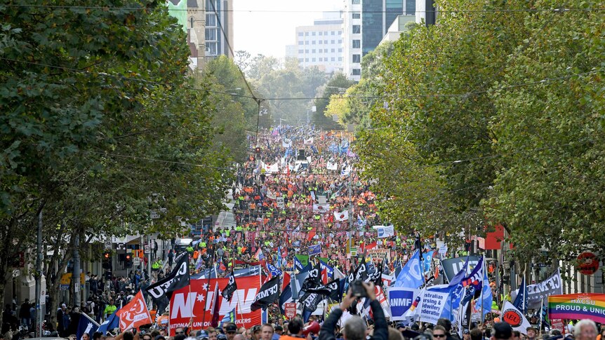 Union workers protest for better pay and more secure jobs in Melbourne.
