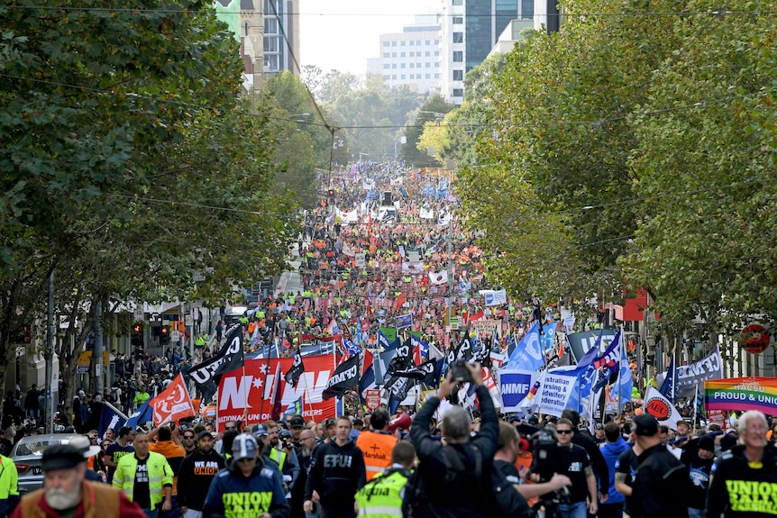 Union workers protest for better pay and more secure jobs in Melbourne.