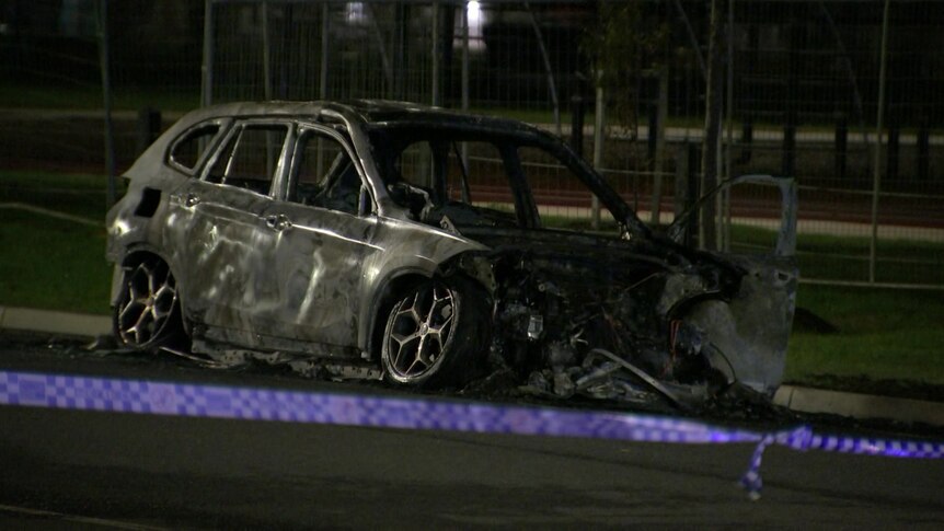 A burnt out car.