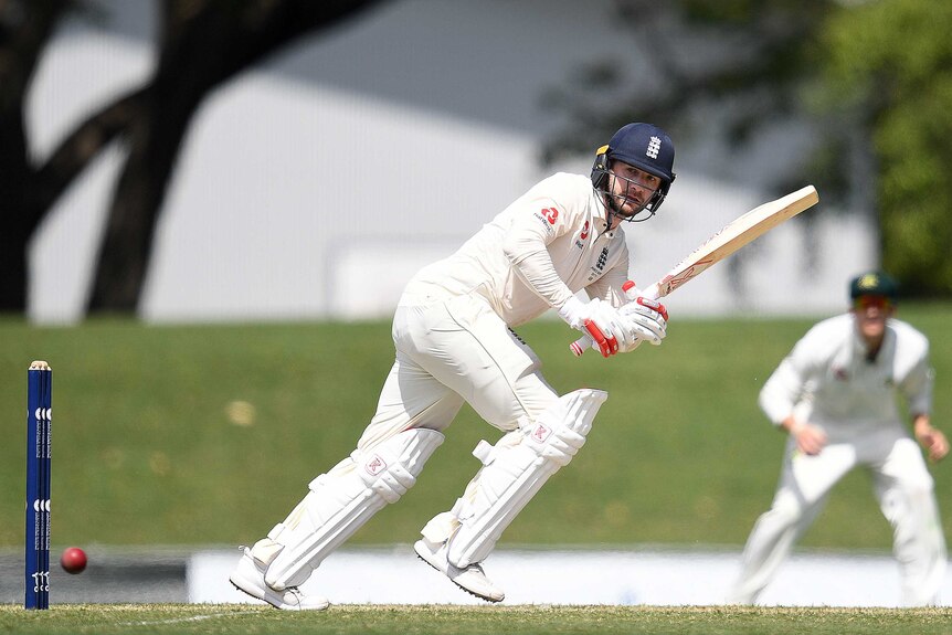 Mark Stoneman plays to the off side for England in its tour match against the Cricket Australia XI.