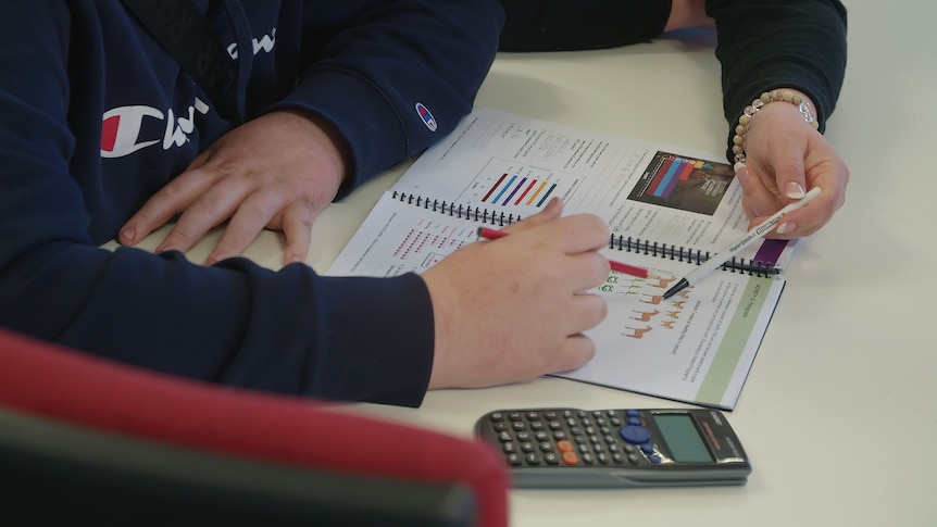 Two people, whose faces we cannot see, hold pens as they work through a problem in a textbook.