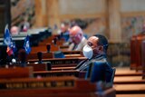 一名男子身穿皮衣坐在议会中，面戴口罩。