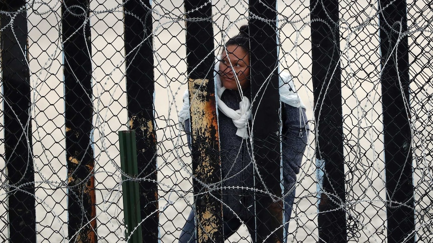 Woman peers through border fence and barbed wires
