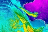 A false-colour infrared temperature map showing a yellow-coloured cold front about to cross the south-west WA coast.