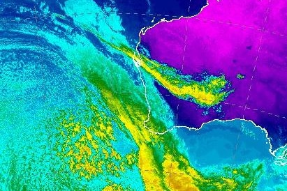 A false-colour infrared temperature map showing a yellow-coloured cold front about to cross the south-west WA coast.
