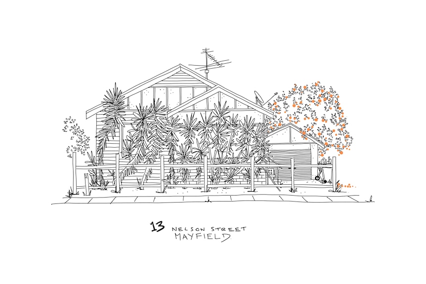 A pencil drawing of a weatherboard home with plants out the front