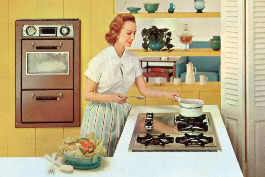 An image of a 1950s suburban housewife cooking over a stove.
