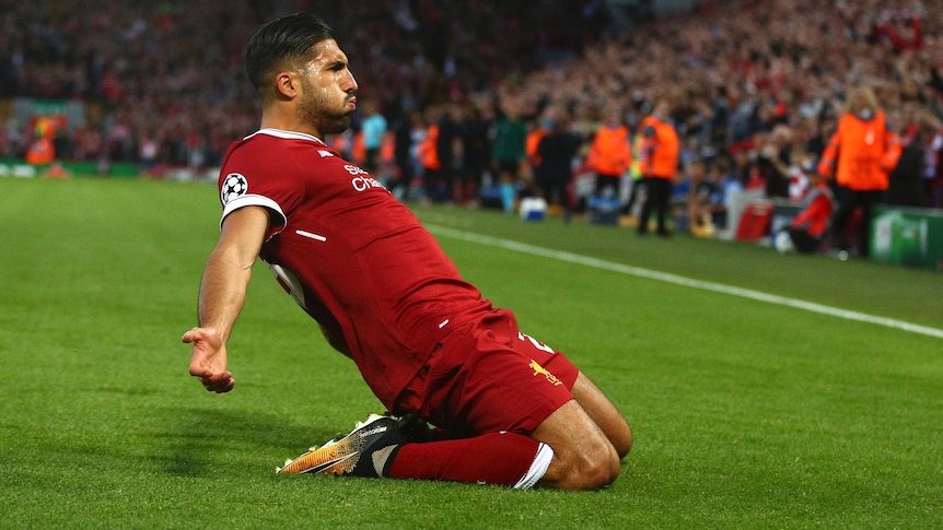 Liverpool's Emre Can celebrates scoring against Hoffenheim in Champions League play-off at Anfield.