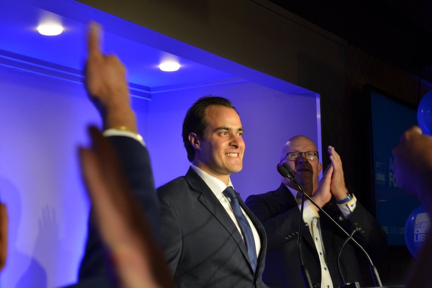 Vincent Tarzia thanks his supporters after securing the seat of Hartley.