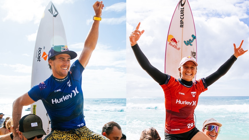 A composite image of a male and female surfer celebrating.
