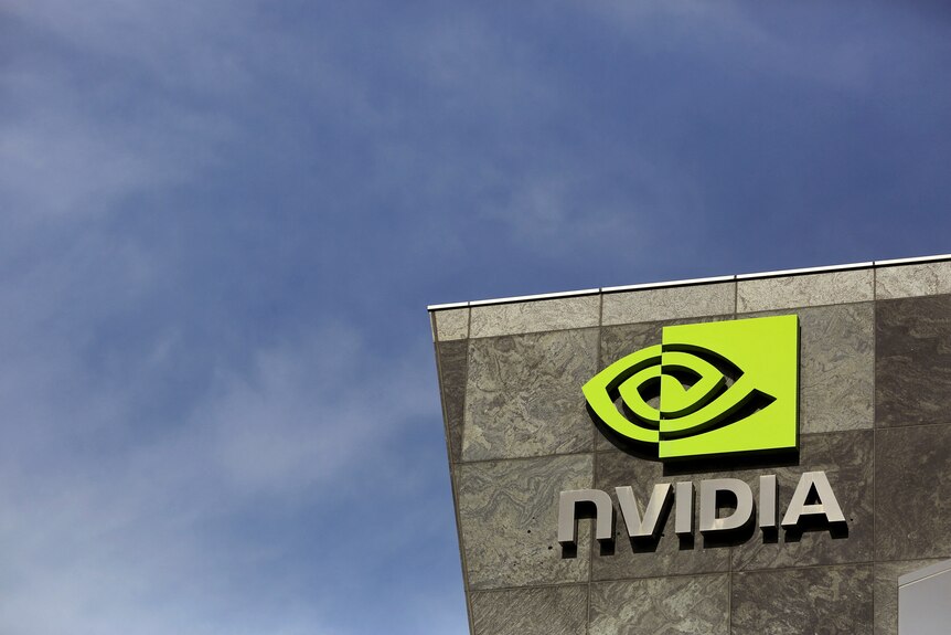 Blue sky with wisps of cloud behind the Nvidia logo on the company's Santa Clara HQ.