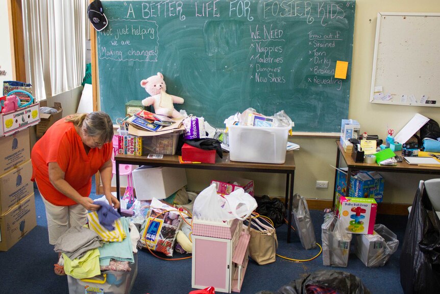 Heather Baird sorts donations in her space in Sale.