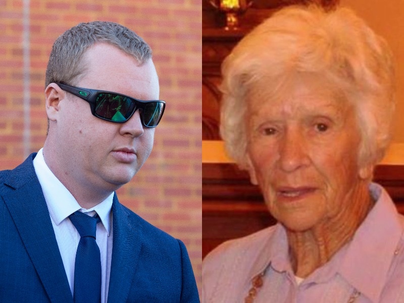a collage of a man on the left, wearing a suit and sunnies, and an older lady on the right