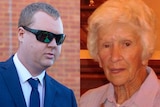 a collage of a man on the left, wearing a suit and sunnies, and an older lady on the right