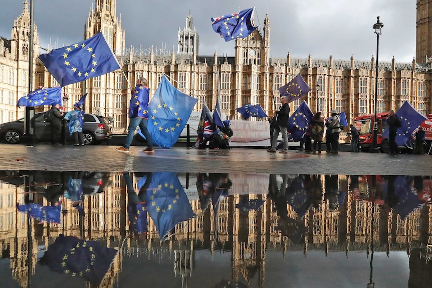 People holding European union flags and walk in front of parliament house