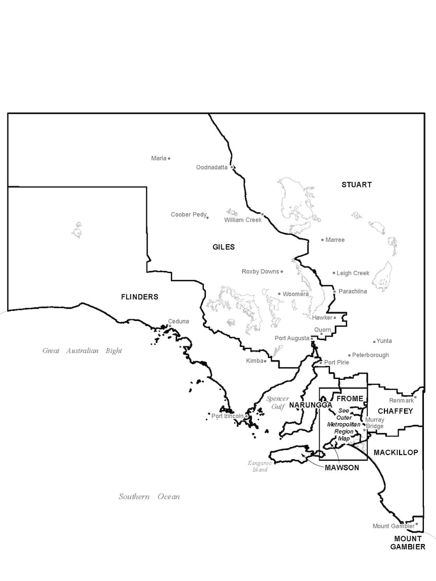 A map showing South Australia's new electoral boundaries.