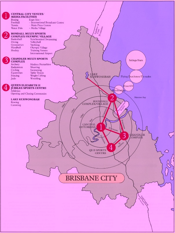 Map of imagines zones for a 1992 Olympic Games in Brisbane.