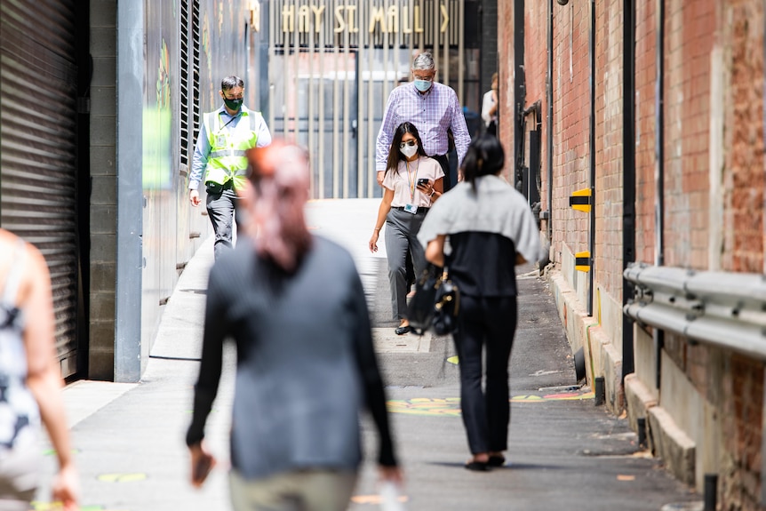 People wearing masks walking down a laneway.