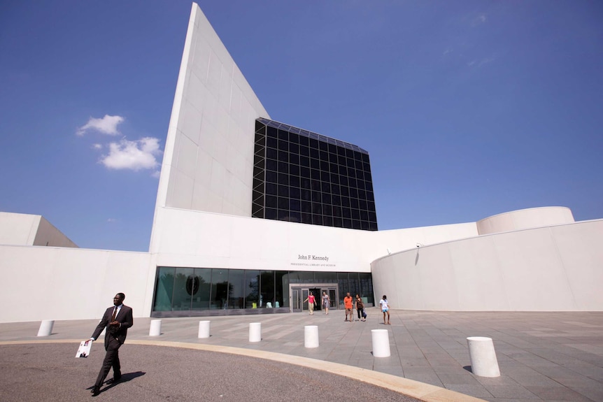 The entrance of the John F. Kennedy Presidential Library and Museum, designed by architect I.M. Pei, in Boston