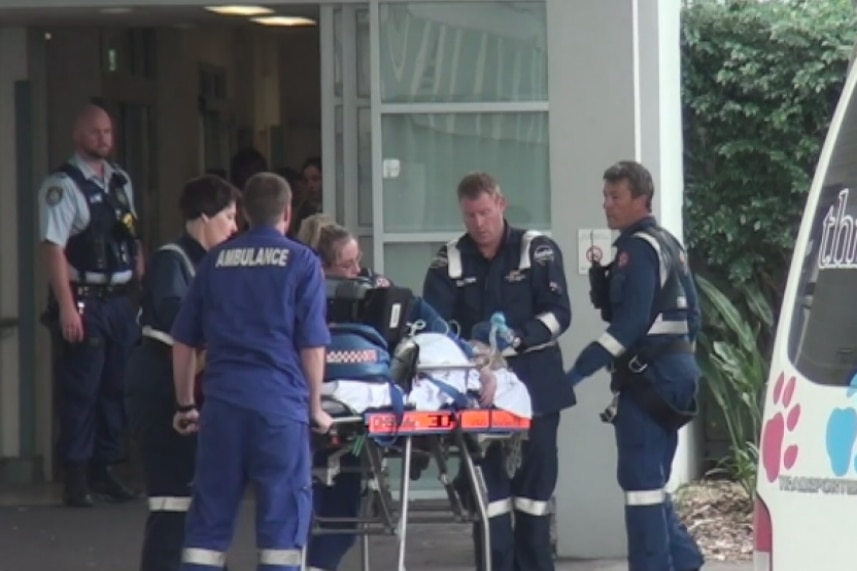 Paramedics treat a toddler on an ambulance stretcher