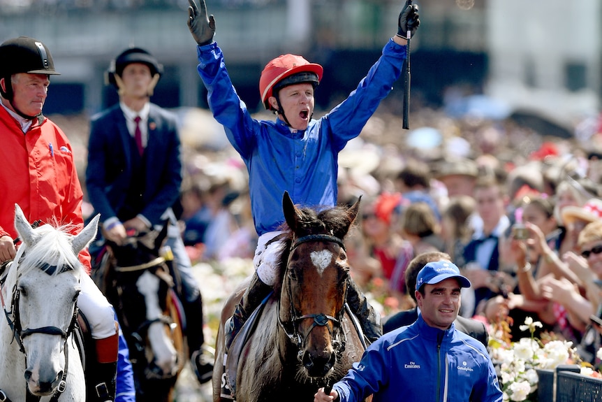 A jockey sits atop a harse with his arms stretched up in the air, screaming in delight.