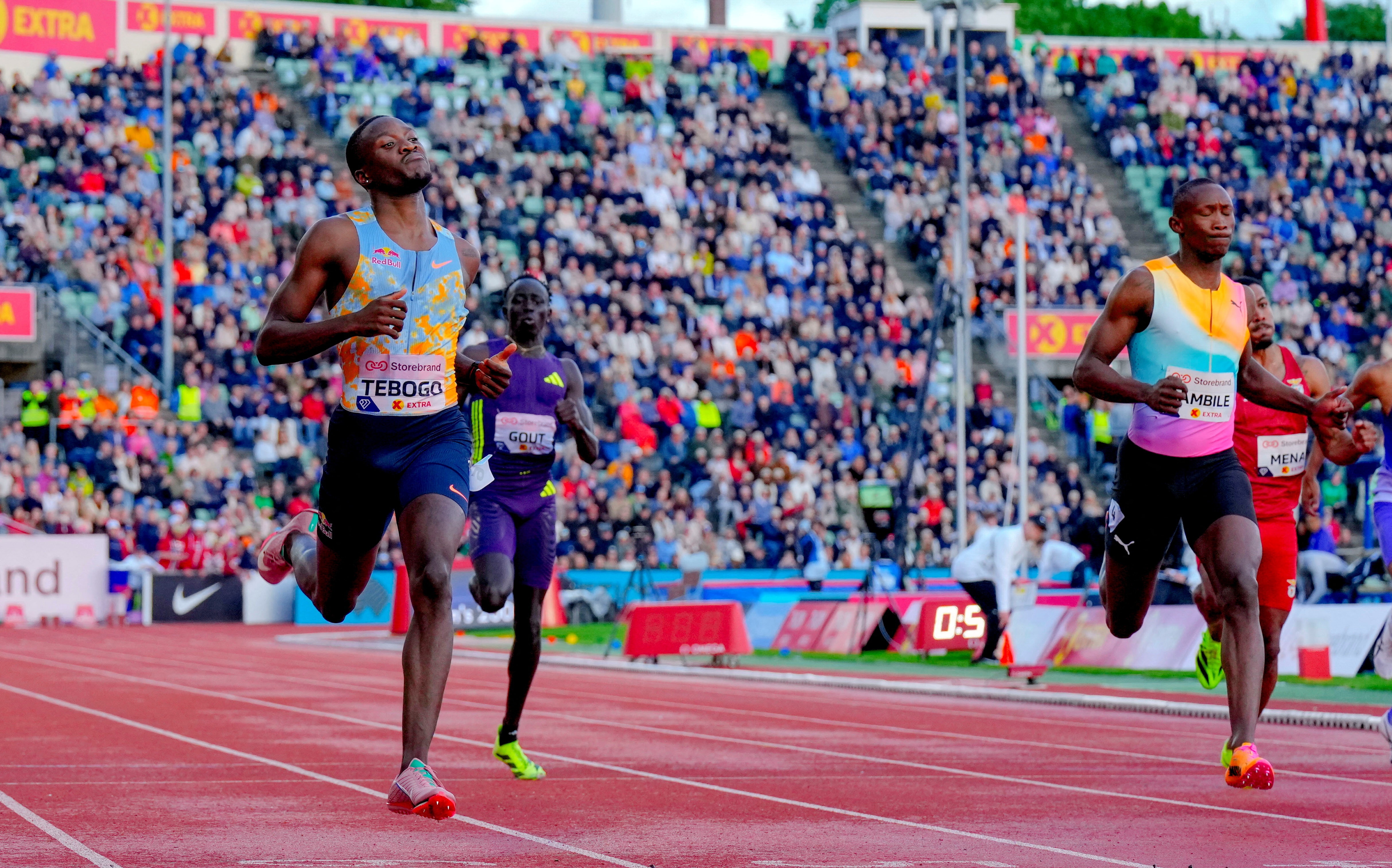Letsile Tebogo crosses the line in first place ar Oslo Diamond League meet.