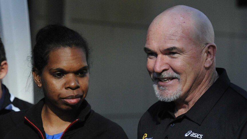Robert de Castella with Emma Cameron of the Indigenous Marathon Project speaking at a media conference.