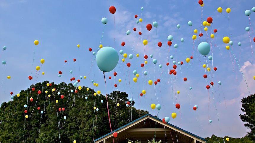 Red, yellow and blue balloon fly into the air above a house and trees.