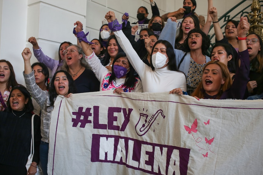 a gruop of women hold up their fists in front of a banner bearing Rios' nickname Malena