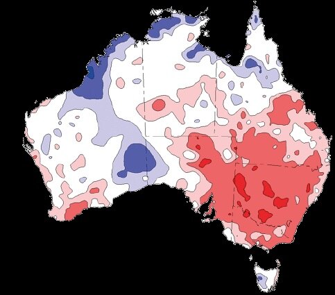 A picture of Australia with areas of rainfall deficit marked in red and the highest rainfall areas marked in purple.
