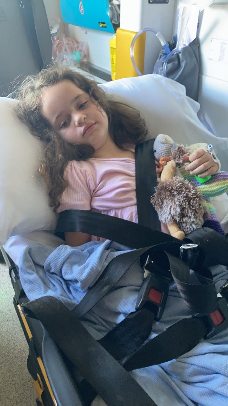 Arlo, long brown hair, looking sad, holding stuffed toys, strapped onto bed with seat belt. 