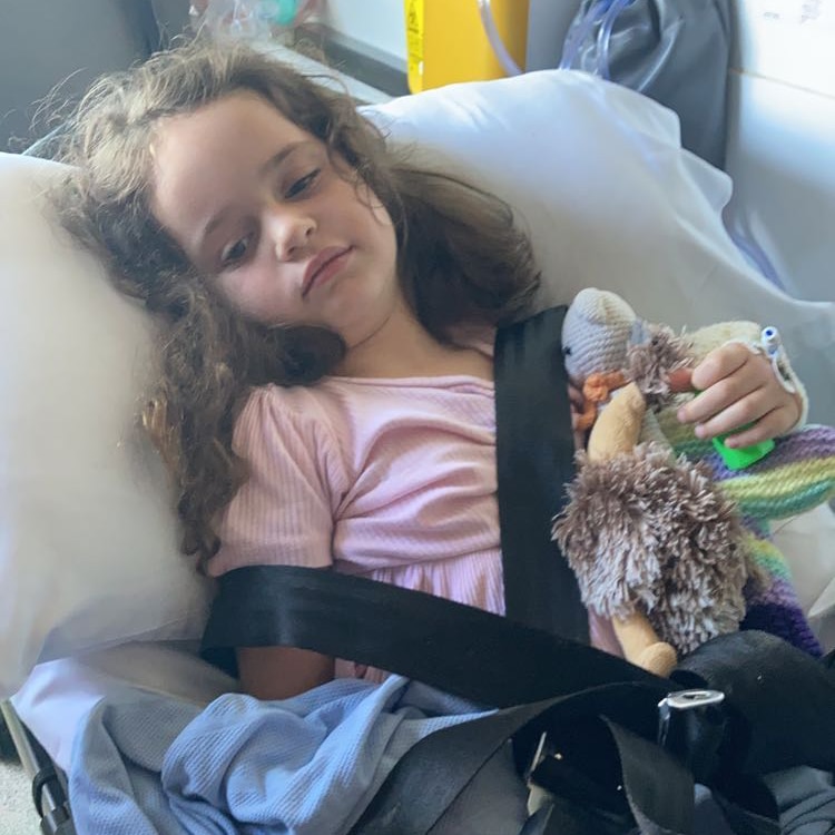 Arlo, long brown hair, looking sad, holding stuffed toys, strapped onto bed with seat belt. 