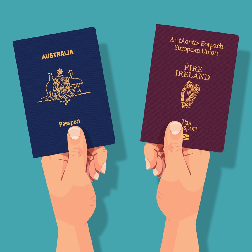 An illustration of two hands holding passports - one Australian and one Irish.