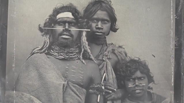 Photo titled 'South-east Australian Aboriginal man and two younger companions' 1847 by D. T. Kilburn