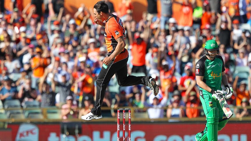 Mitchell Johnson jumps in the air after taking a BBL wicket