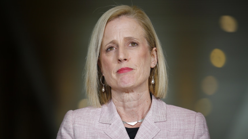 Finance Minister Katy Gallagher wearing a light pink blazer