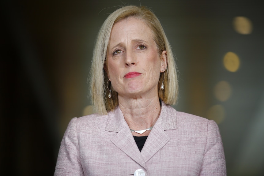 Finance Minister Katy Gallagher wearing a light pink blazer