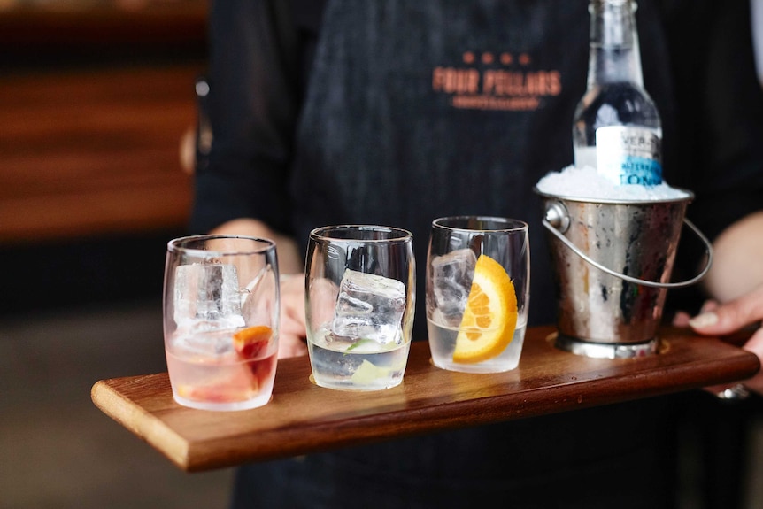 Three glasses of alcohol on a tray at Yarra Valley