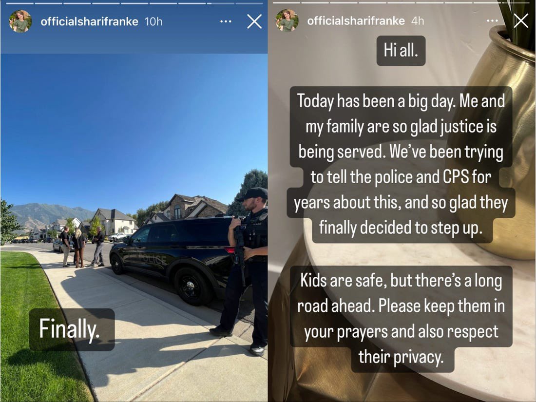 Screenshots of an instagram story, one of police outside a home and another saying "today has been a big day" 